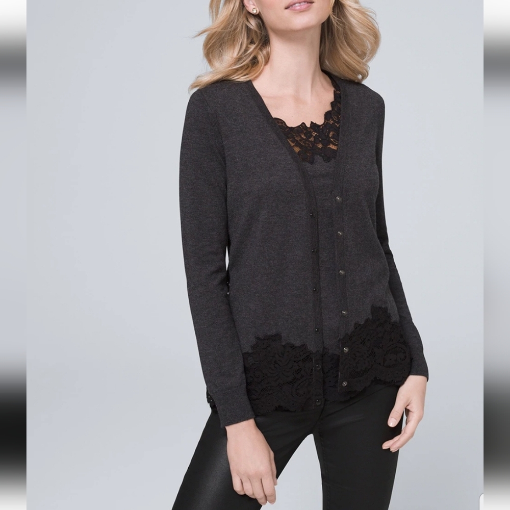 WHBM Lace Back Wool Blend V-Neck Cardigan Gray Black Front Snap Buttons Small